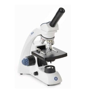 Euromex BioBlue BB.4200 monocular microscope with LED lighting, 4x, 10x, and 40x semi-plan objectives, and ergonomic design for education and training.