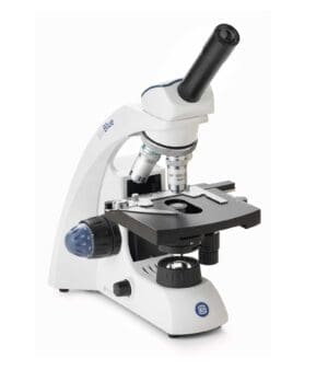 Euromex BioBlue BB.4250 monocular microscope with LED lighting, 4x, 10x, and 40x semi-plan objectives, and ergonomic design for education and training.