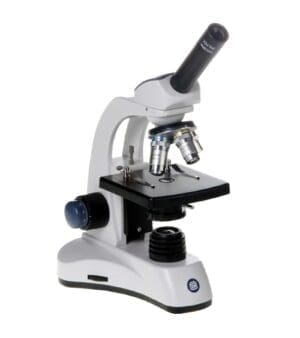 Euromex EcoBlue EC.1101 monocular microscope with achromatic objectives, mechanical stage, LED illumination, and durable ergonomic design for educational use.