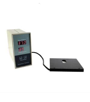 Retrofit microscope heating stage with controller for precise specimen temperature control.