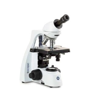 Euromex bScope monocular microscope with NeoLED lighting, E-Plan objectives, 45° inclined viewing head, and integrated cable storage system for educational and laboratory use.