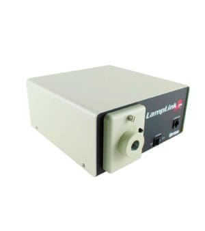 Lamplink 2 A-Zoom Illuminator with 150W halogen lamp, fan-cooled metal housing, and included regional power supply, designed for motorised A-Zoom microscope systems.