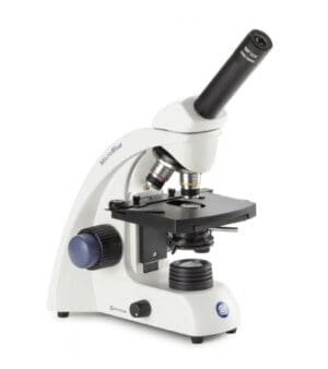 Euromex MicroBlue MB.1051 monocular microscope with achromatic objectives, mechanical stage, LED illumination, and rechargeable battery for portable educational use.