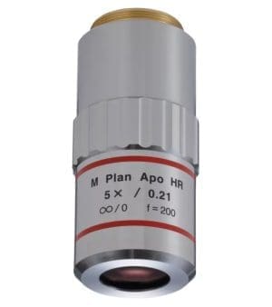 Mitutoyo 5× M-Plan Apo HR objective lens – high-resolution, infinity-corrected lens with 27 mm working distance.