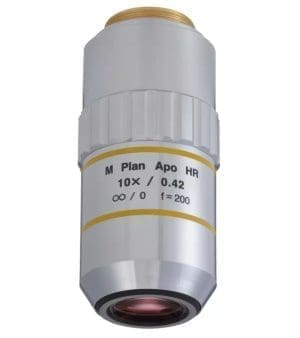 Mitutoyo 10× M-Plan Apo HR objective lens – high-resolution infinity-corrected apochromatic lens.