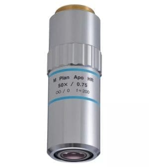 Mitutoyo 50× M-Plan Apo HR objective lens – ultra-high-resolution apochromatic optics.